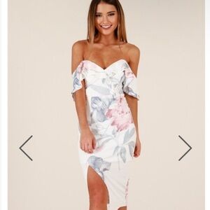 Showpo White Floral Off-Shoulder Mini Dress with Pink & Blue Flowers